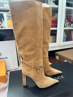 Versace Tan Suede Over-the-Knee Boots with Gold Chain